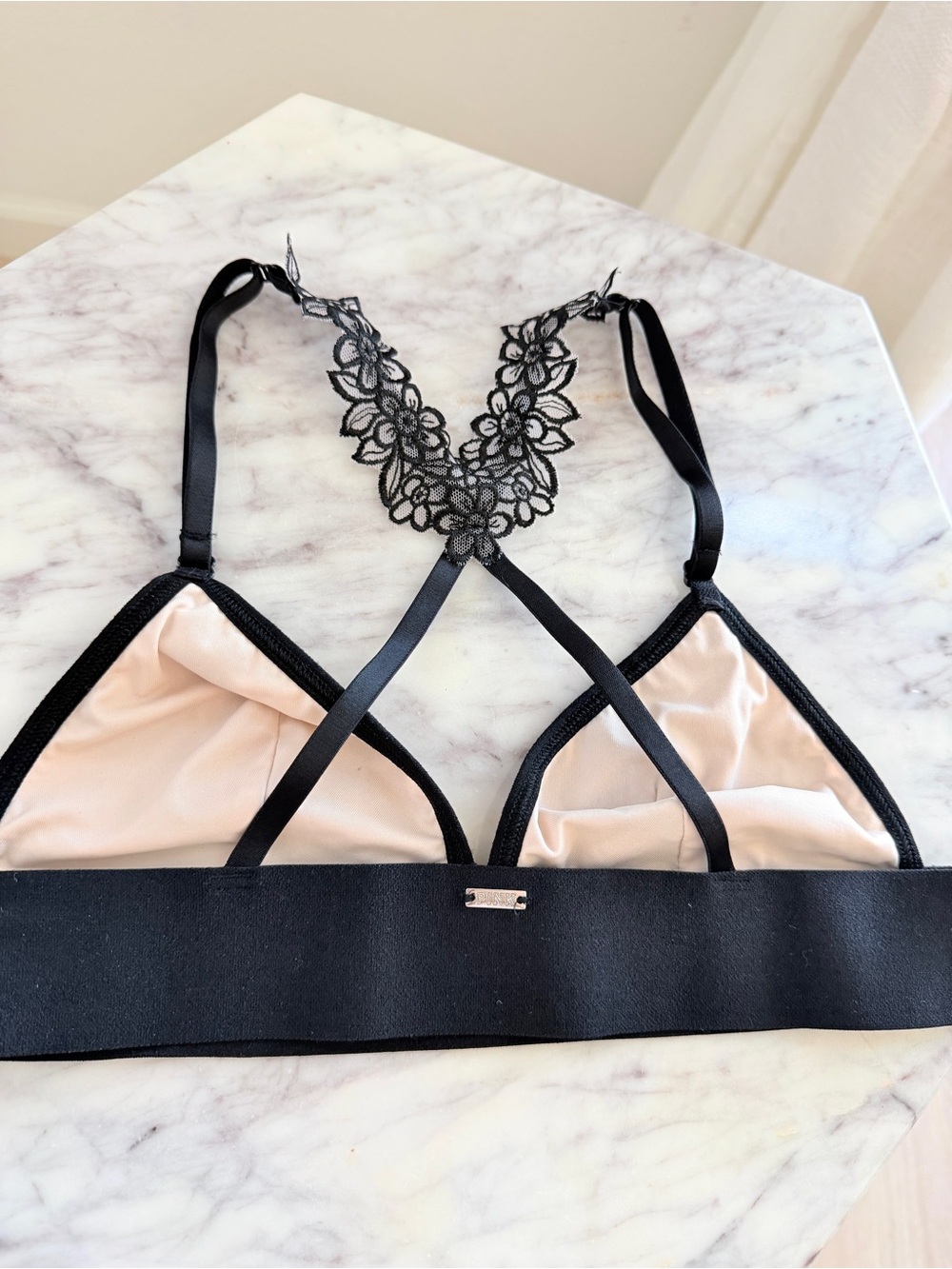 🖤 Victoria’s Secret PINK Black Lace Triangle Bralette Floral Lace Bra Nude Small - Picture 9 of 12